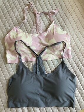 Floral Lace-Back Bralette & Solid Racerback Bralette Set - Pink & Gray